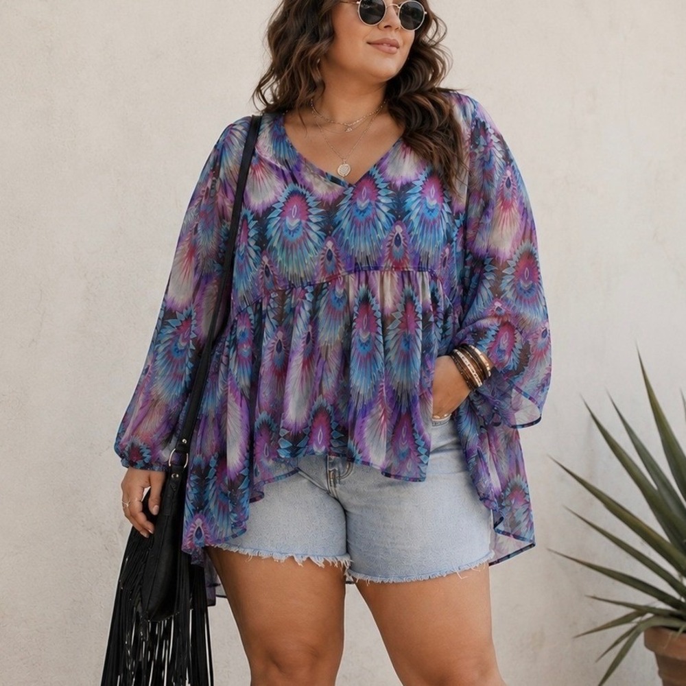 THE PYRAMID COLLECTION Babydoll Top 3X Sheer Peacock Feather Print Boho Festival